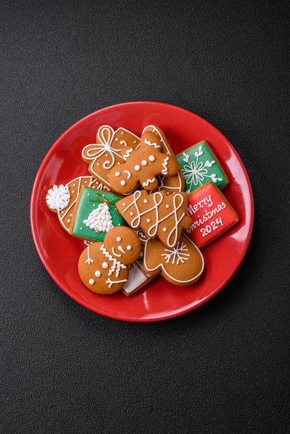 セラミックプレートに色々な色の美しいクリスマスジンジャーブレッドクッキー