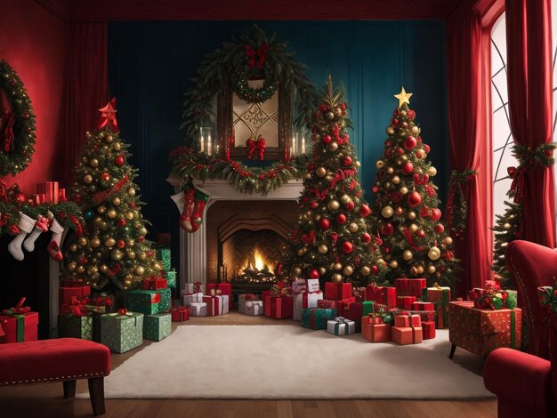 Beautiful christmas interior with christmas tree and fireplace holiday decoration