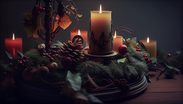 Beautiful Christmas still life with candles and wreath on dark backgroundgenerative ai