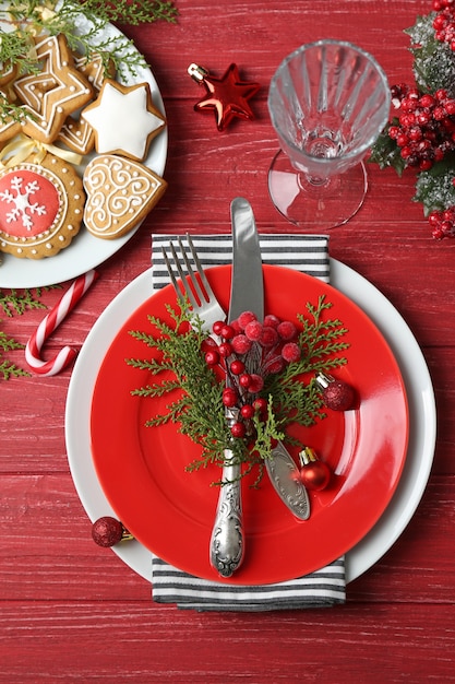 Beautiful Christmas table setting with decorations