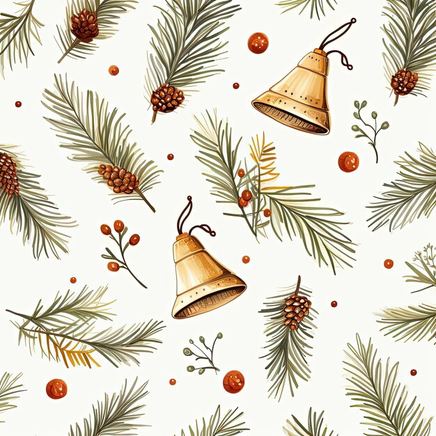 a beautiful christmas themed pattern with the bells and the twigs on a white background