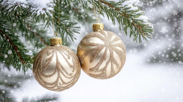 beautiful christmas tree background with christmas tree branches and gold christmas tree toys