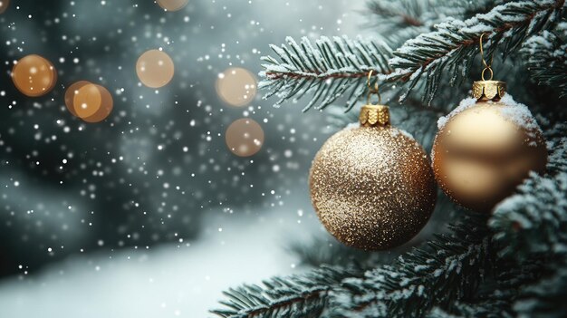 beautiful christmas tree background with christmas tree branches and gold christmas tree toys