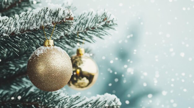 beautiful christmas tree background with christmas tree branches and gold christmas tree toys