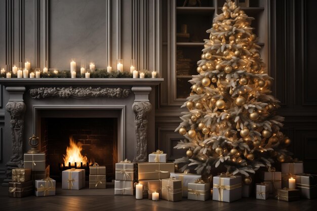 Beautiful Christmas tree in a cozy room near the fireplace and gifts