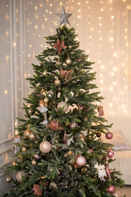 Beautiful Christmas tree. Decorated Christmas room.
