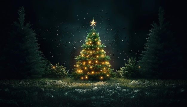 Foto un bellissimo albero di natale decorato con luci ia generativa