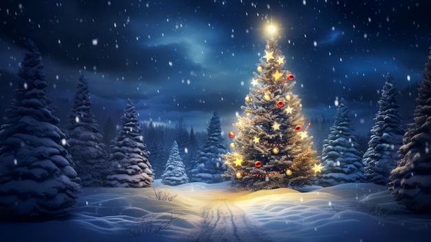 Beautiful Christmas tree in winter landscape illustration space for text