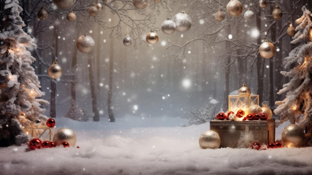 Beautiful Christmas tree with gift boxes in winter landscape illustration space for text