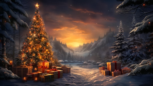 Beautiful Christmas tree with gift boxes in winter landscape illustration space for text