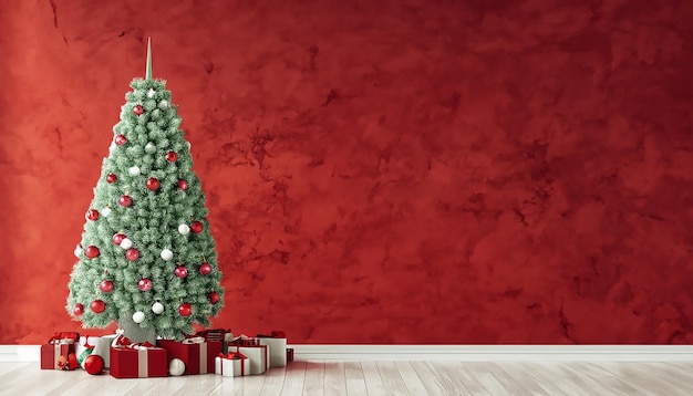 Beautiful Christmas tree with gifts and dusty red textured wall Monochrome empty living room