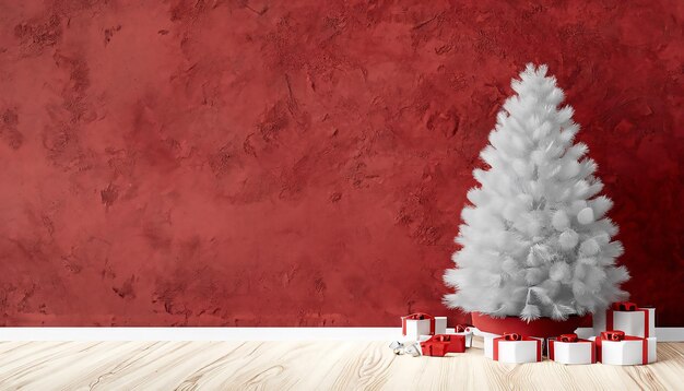 Beautiful Christmas tree with gifts and dusty red textured wall Monochrome empty living room