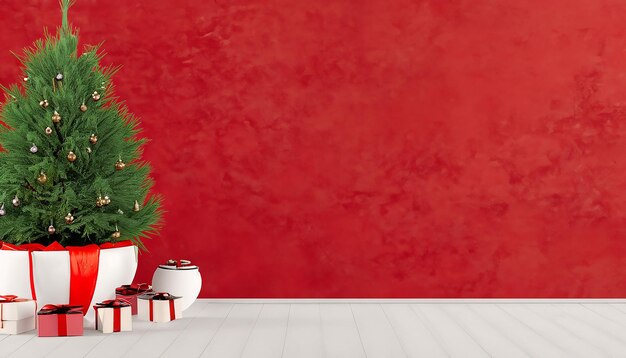 Beautiful Christmas tree with gifts and dusty red textured wall Monochrome empty living room