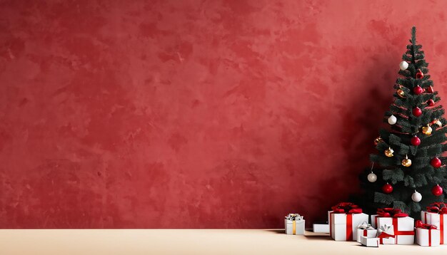 Beautiful Christmas tree with gifts and dusty red textured wall Monochrome empty living room