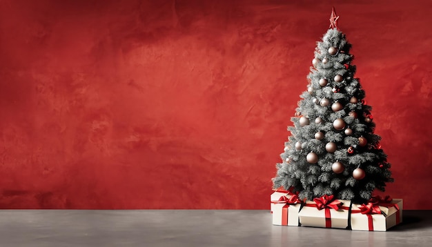 선물과 먼지 빨간 질감 벽과 함께 아름다운 크리스마스 트리 모노크롬 빈 거실