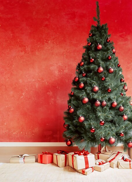 Beautiful Christmas tree with gifts and dusty red textured wall Monochrome empty living room