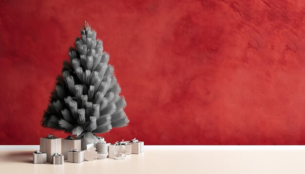 Photo beautiful christmas tree with gifts and dusty red textured wall monochrome empty living room