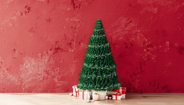 Beautiful Christmas tree with gifts and dusty red textured wall Monochrome empty living room