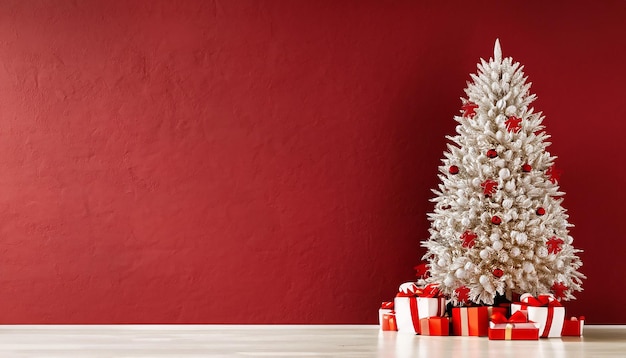 ギフトとほこりっぽい赤いテクスチャーの壁を持つ美しいクリスマス ツリー モノクロの空のリビング ルーム