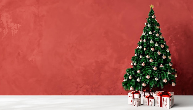 ギフトとほこりっぽい赤いテクスチャーの壁を持つ美しいクリスマス ツリー モノクロの空のリビング ルーム