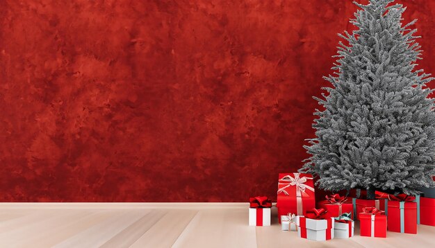 Beautiful christmas tree with gifts and dusty red textured wall monochrome empty living room