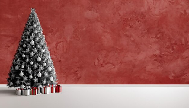 Beautiful christmas tree with gifts and dusty red textured wall monochrome empty living room