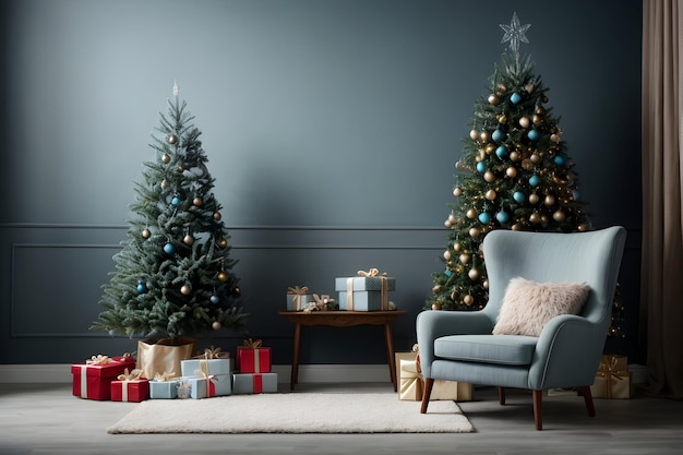 Beautiful Christmas tree with gifts near chair