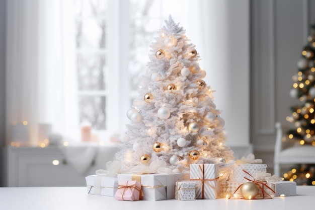 Beautiful Christmas tree with gifts on table in room decorated for Christmas