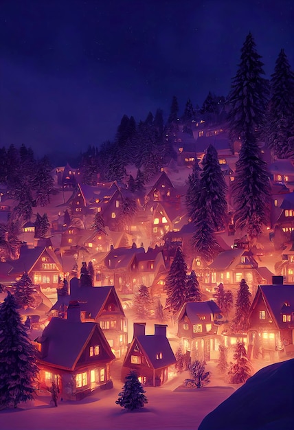 A beautiful Christmas village in the mountains Winter landscape houses with christmas decorations