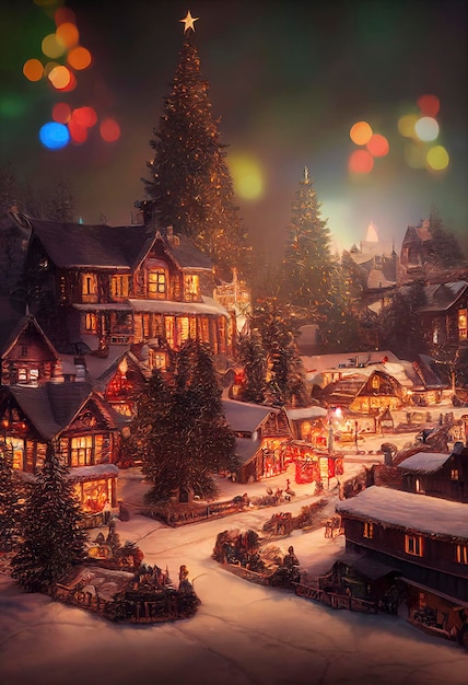 A beautiful Christmas village in the mountains Winter landscape houses with christmas decorations