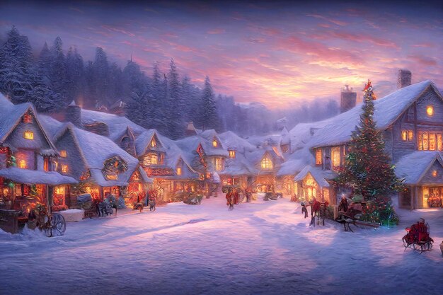 A beautiful Christmas village in the mountains Winter landscape houses with christmas decorations