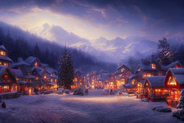 A beautiful Christmas village in the mountains Winter landscape houses with christmas decorations