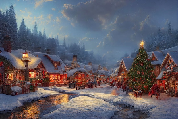 A beautiful Christmas village in the mountains Winter landscape houses with christmas decorations