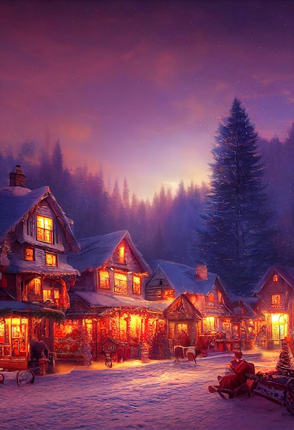 A beautiful Christmas village in the mountains Winter landscape houses with christmas decorations