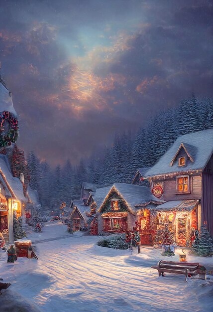 A beautiful Christmas village in the mountains Winter landscape houses with christmas decorations