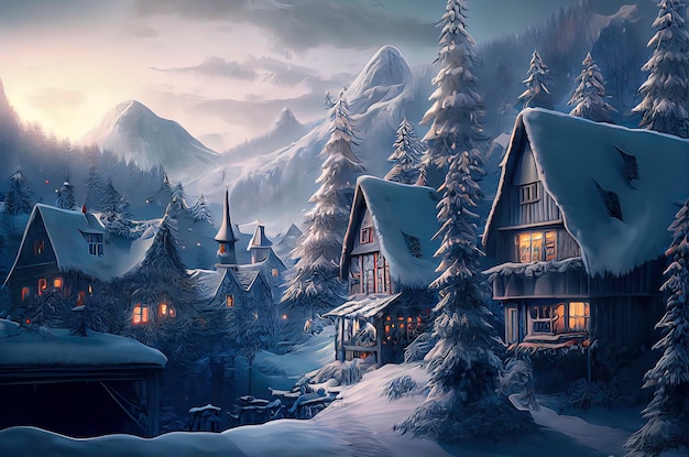 A beautiful Christmas village in the mountains Winter landscape