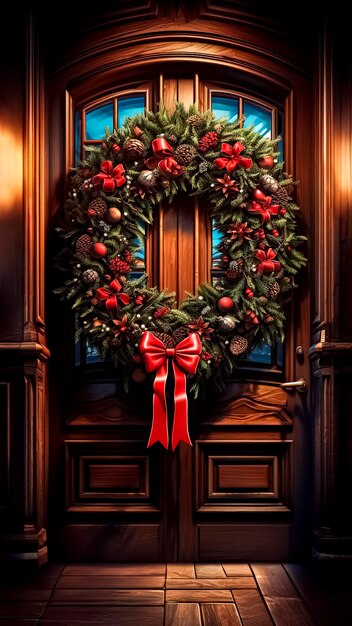 Beautiful Christmas wreath on the door of an old house Christmas and New Year concept