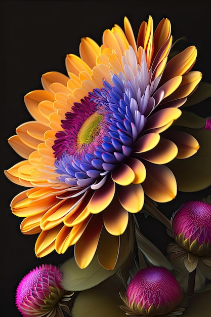 Beautiful chrysanthemum Flower on black background For design Closeup Nature Digital artwork