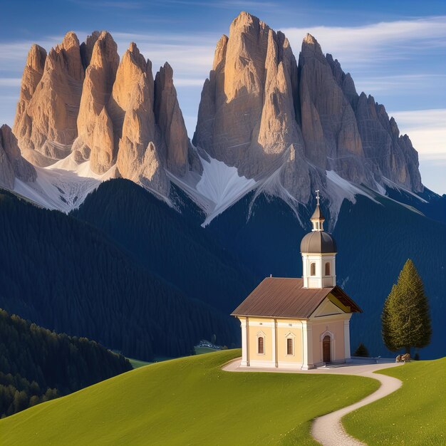 Photo beautiful church in the dolomites italybeautiful view of the mountains