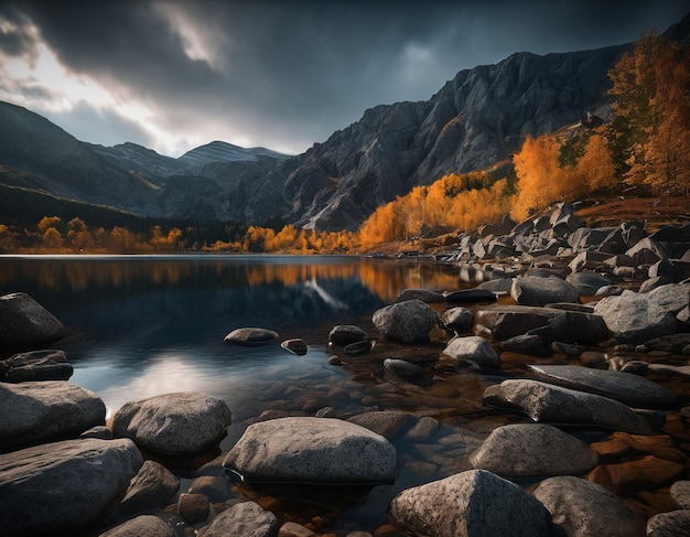 Beautiful cinematic mountain landscape with black marble and granite High quality illustration