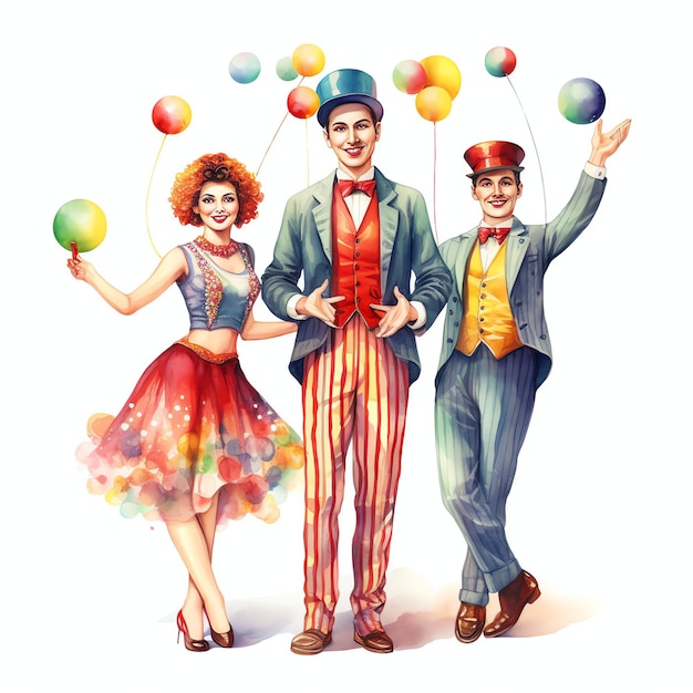 Beautiful circus jugglers watercolor carnival clipart illustration