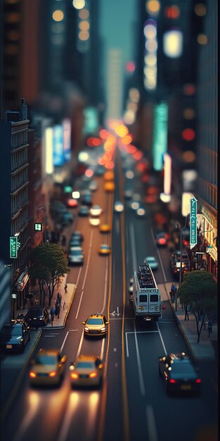 Beautiful city life with lights cars and busy streets miniature effect Generative Ai