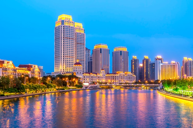 The beautiful city night view architectural landscape in tianjin, china