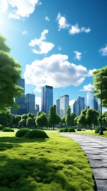 Beautiful city park with skyscrapers green grass nature photography image Ai generated art