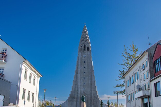 Beautiful city of Reykjavik in Iceland Hallgrimskirkja church, European street, rainbow road, canal