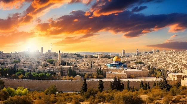 beautiful city view of of Jerusalem Israel with dramatic sunset sky in Jerusalem travel destination