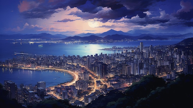 beautiful city view with lake at night