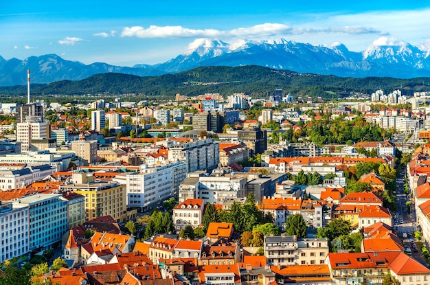 수평선에 그림 같은 산이 있는 류블랴나(Ljubljana)의 아름다운 도시 풍경, 슬로베니아