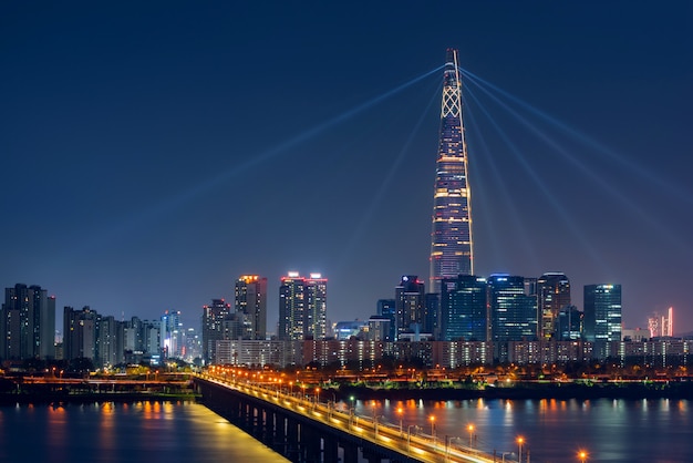 Beautiful Cityscape at Lotte World Tower in Seoul City, South Korea.