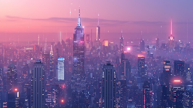 A beautiful cityscape of a modern city with skyscrapers reaching for the sky The colors are pink and purple and the mood is calm and serene